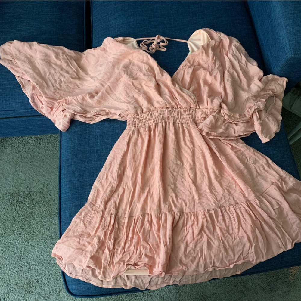 ALTAR’D STATE Flowy Pink Dress with Fluttery Sleeves